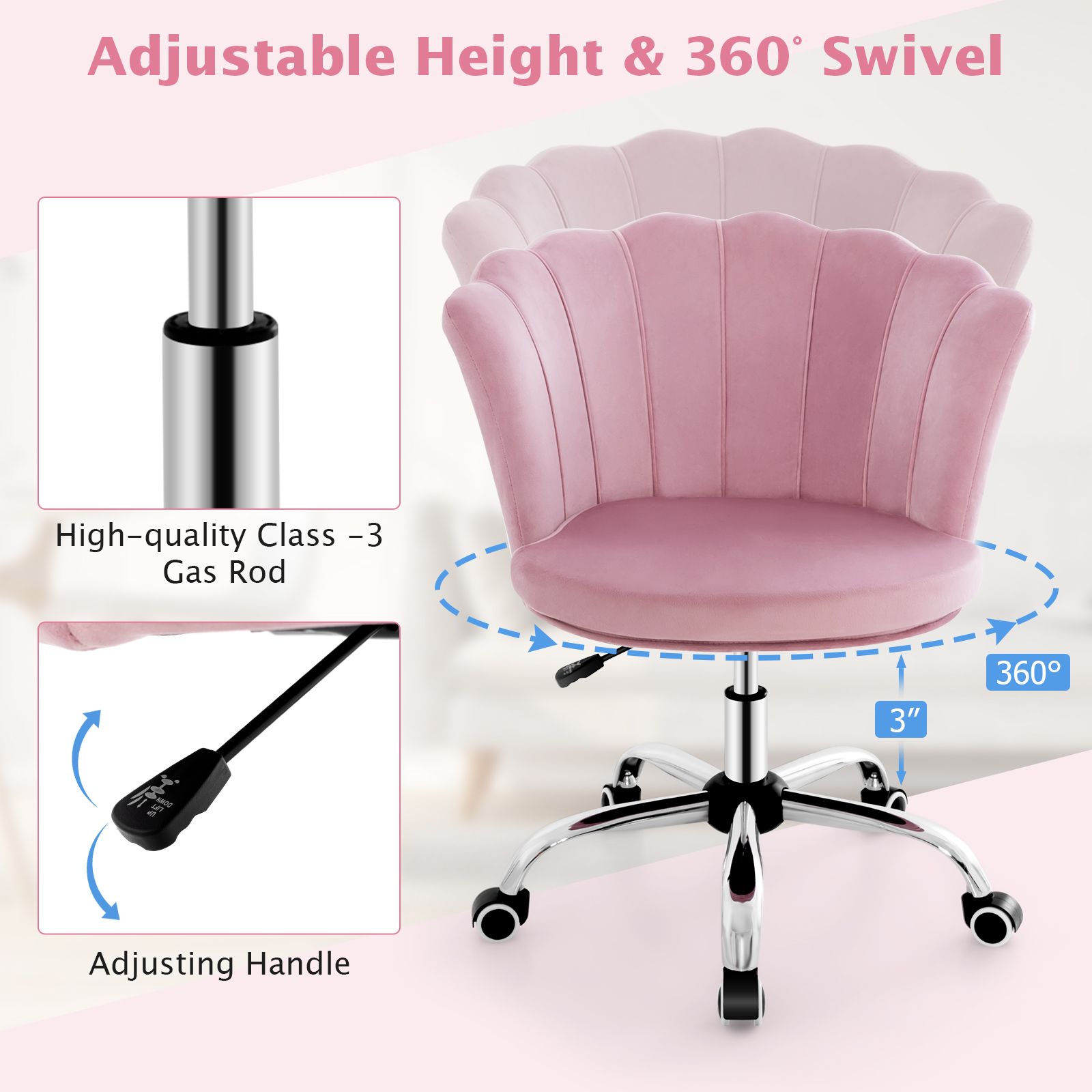 Adjustable Velvet Office Chair with Handle and Universal Wheels Pink